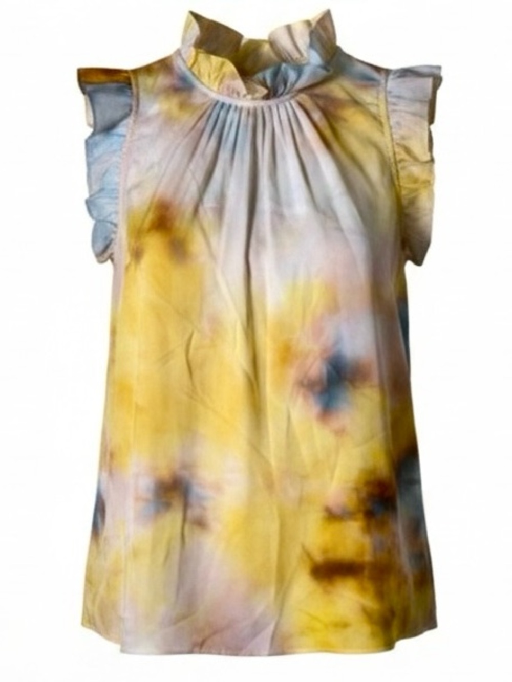 Marie Oliver Silk Watercolor Tie-Dye Ruffle Airy Coquette Sleeveless Blouse NWOT